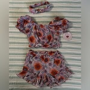 NWT toddler girl 2-piece lavender floral shirt and shorts w/ headband size 3T
